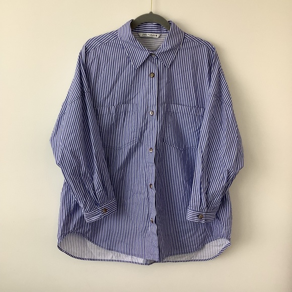 Zara oversized striped shirt blue white size Large - Picture 1 of 9